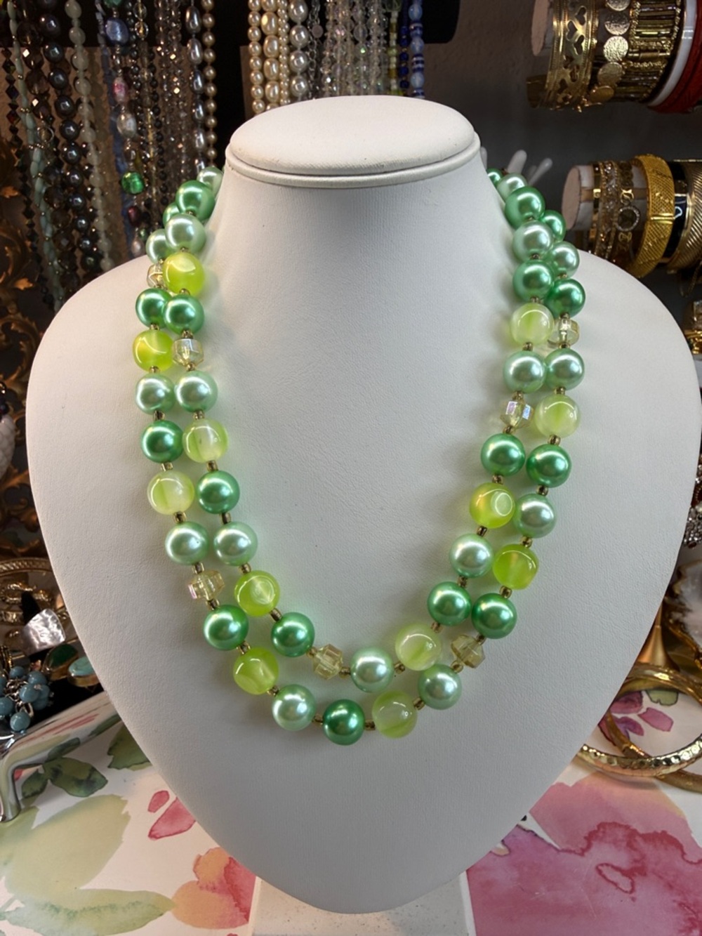 Vintage Japan Lime Green Moon-glow Glass & Green Lucite Double-Strand Necklace